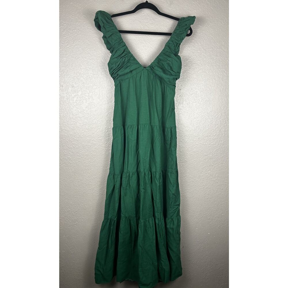 Jason Wu Green Ruched Ruffle Tiered Maxi V Neck Dress Size M Wedding Graduation - Picture 2 of 10